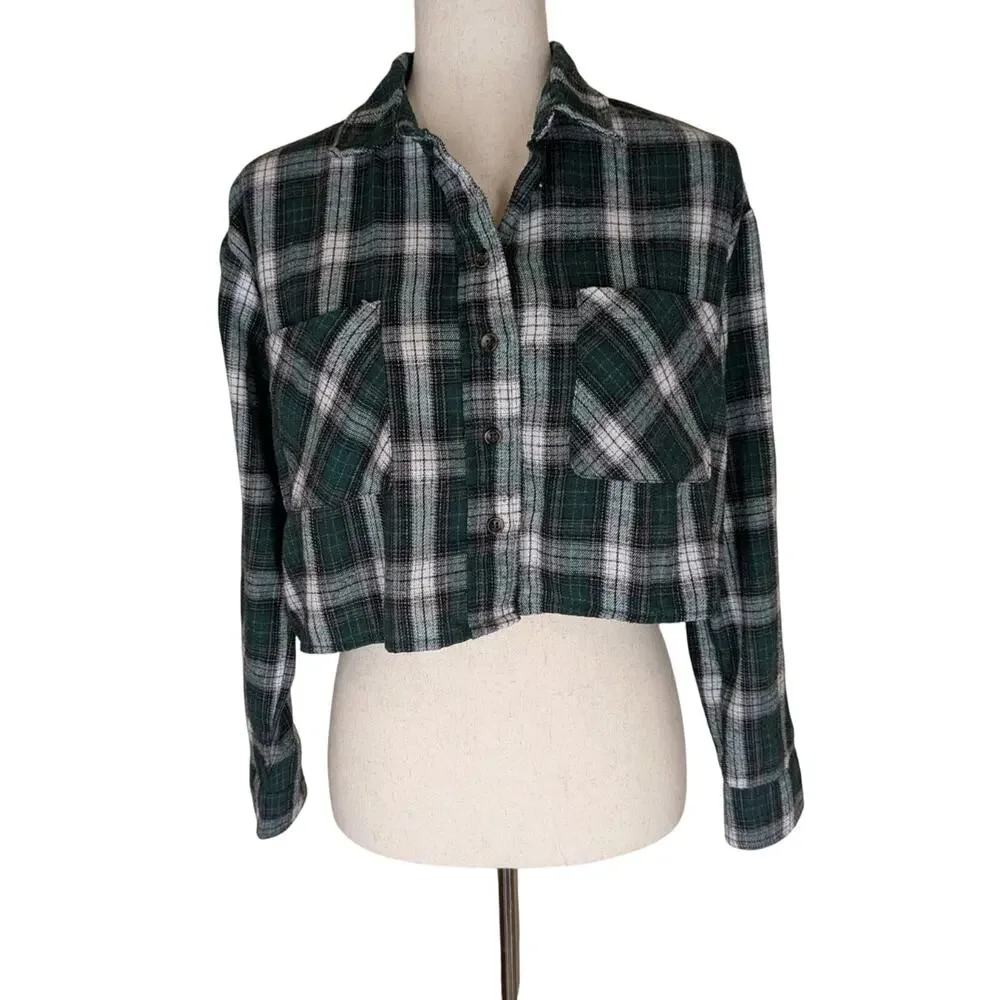 Hyfve Womens Button Up Long Sleeve Jacket Cropped Size Small Flannel Plaid Green